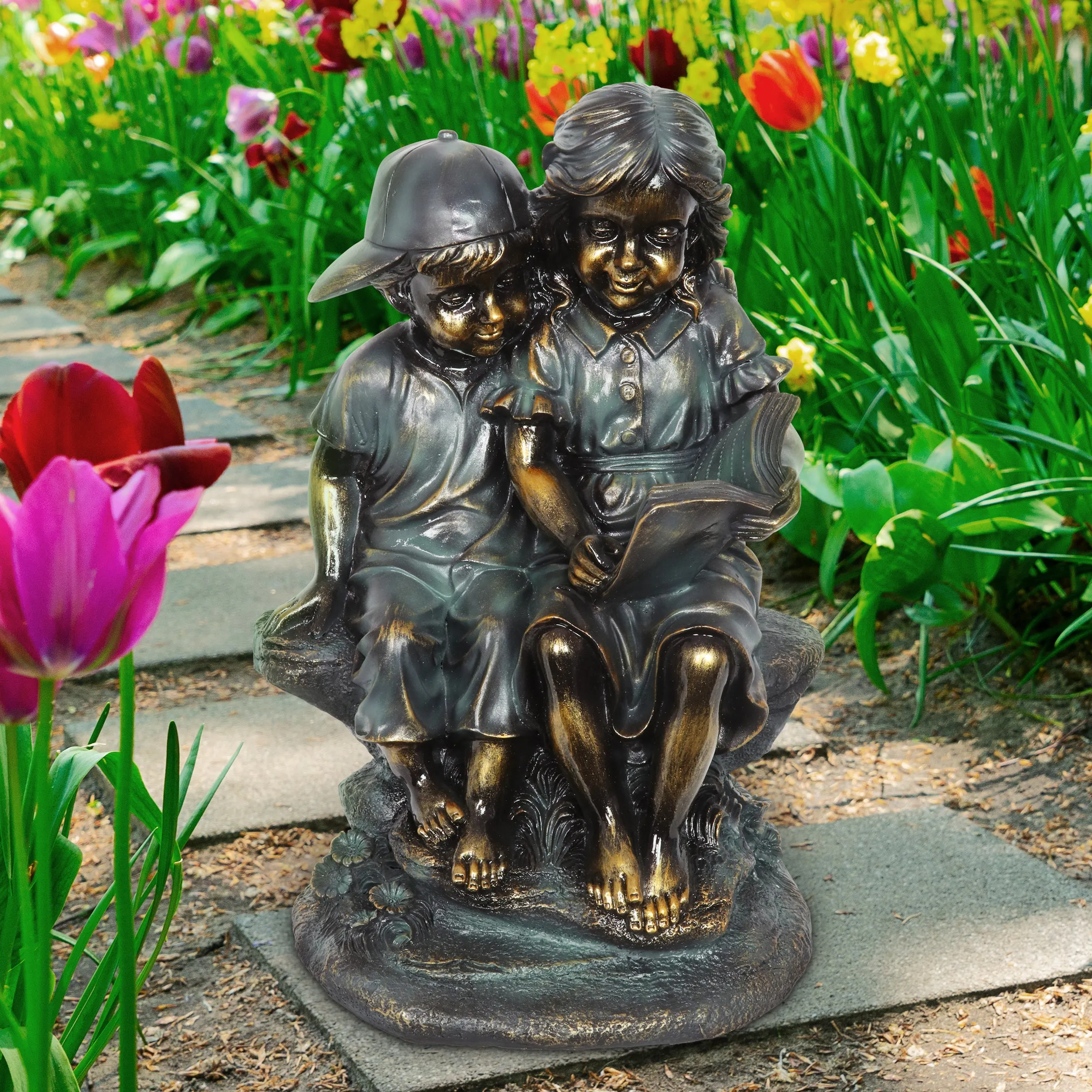 Girl in Boy's Lap Bronze Look Statuary with Patina Finish, 21 Inch