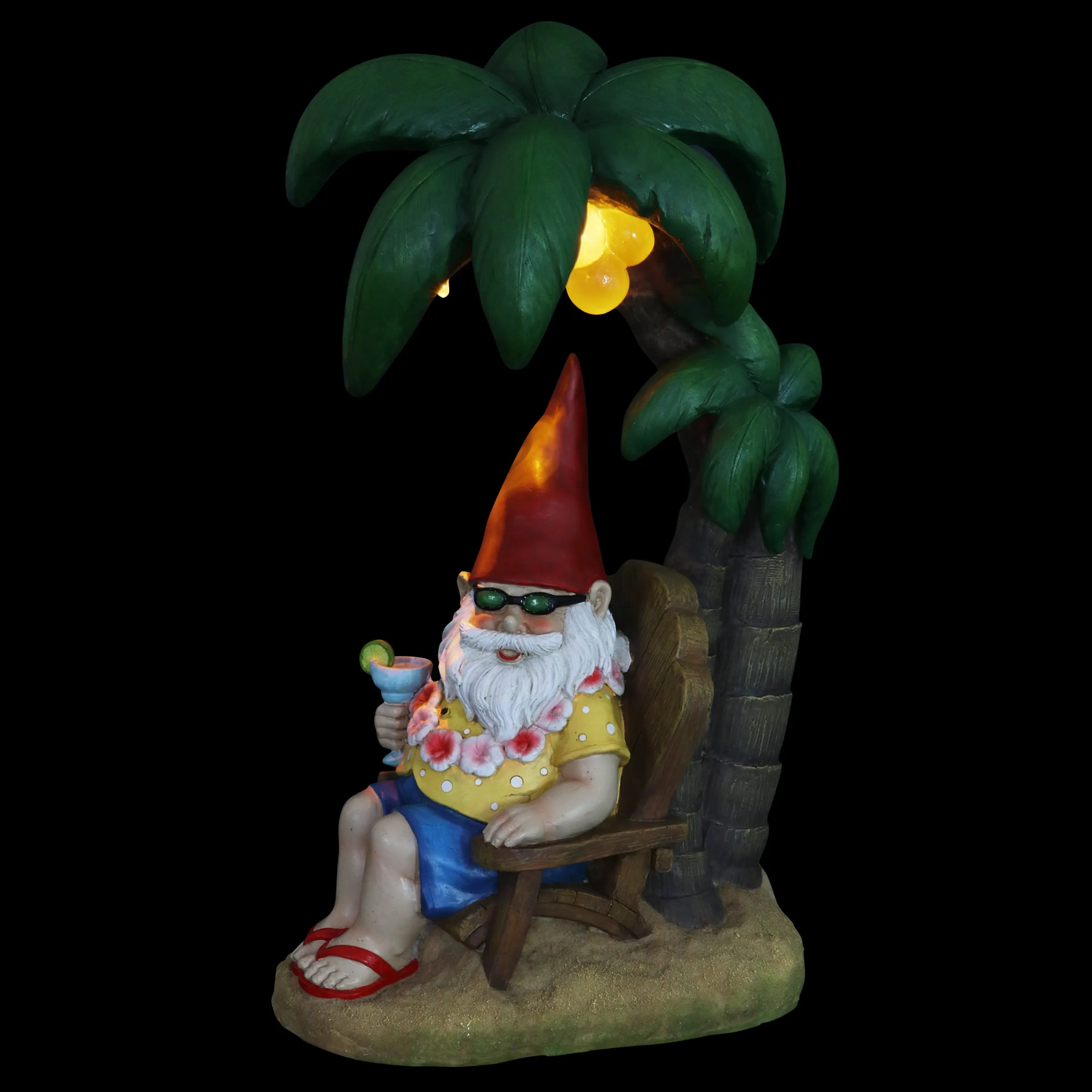 Good Time Solar Tropical Tony Beach Gnome Under a Palm Tree Garden Statue, 16 Inch