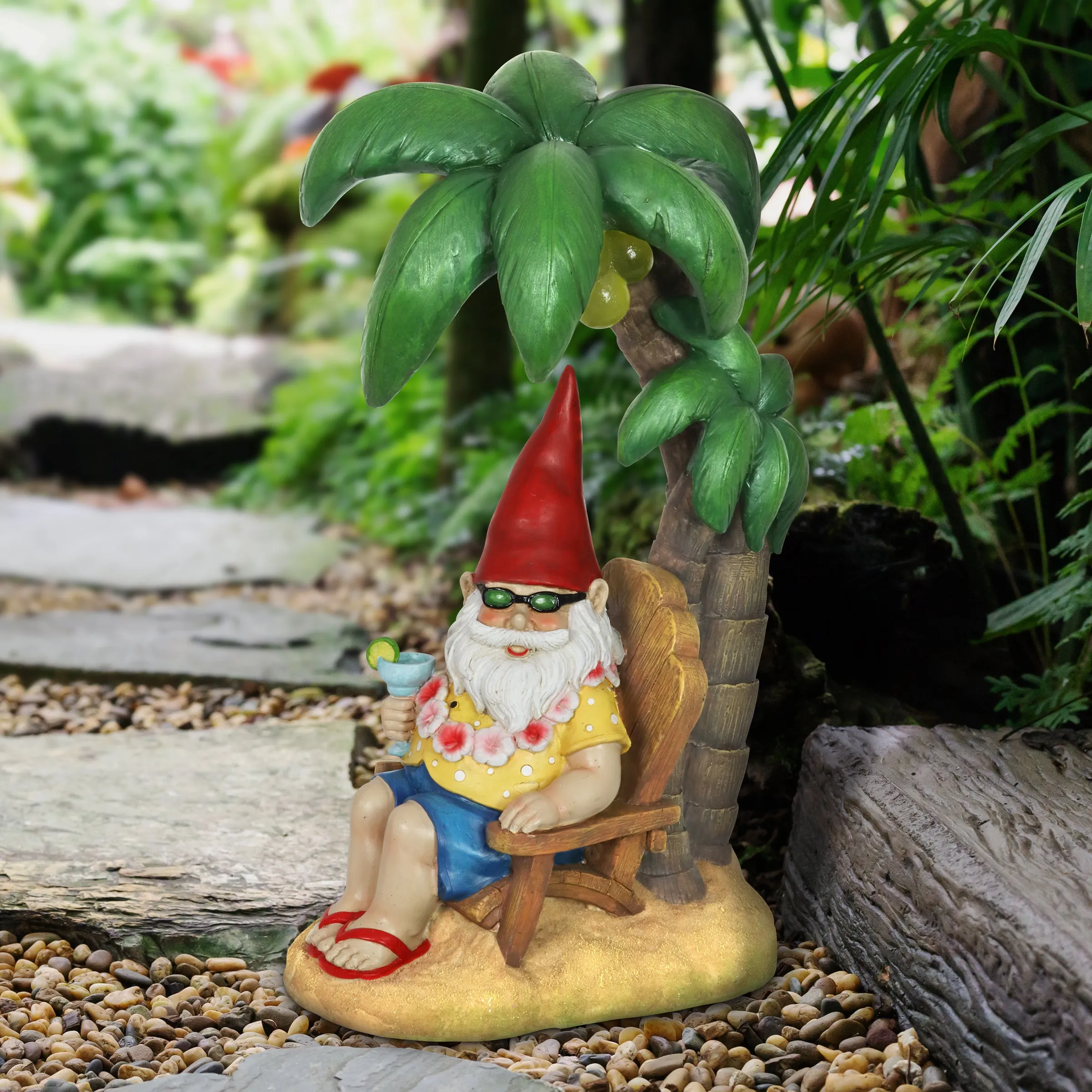 Good Time Solar Tropical Tony Beach Gnome Under a Palm Tree Garden Statue, 16 Inch