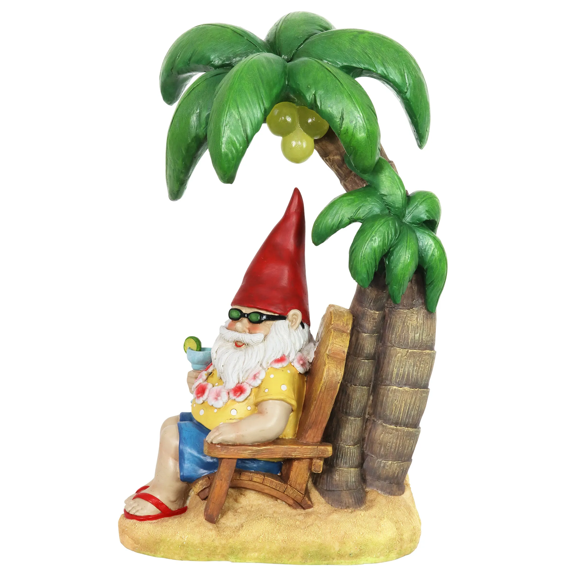Good Time Solar Tropical Tony Beach Gnome Under a Palm Tree Garden Statue, 16 Inch