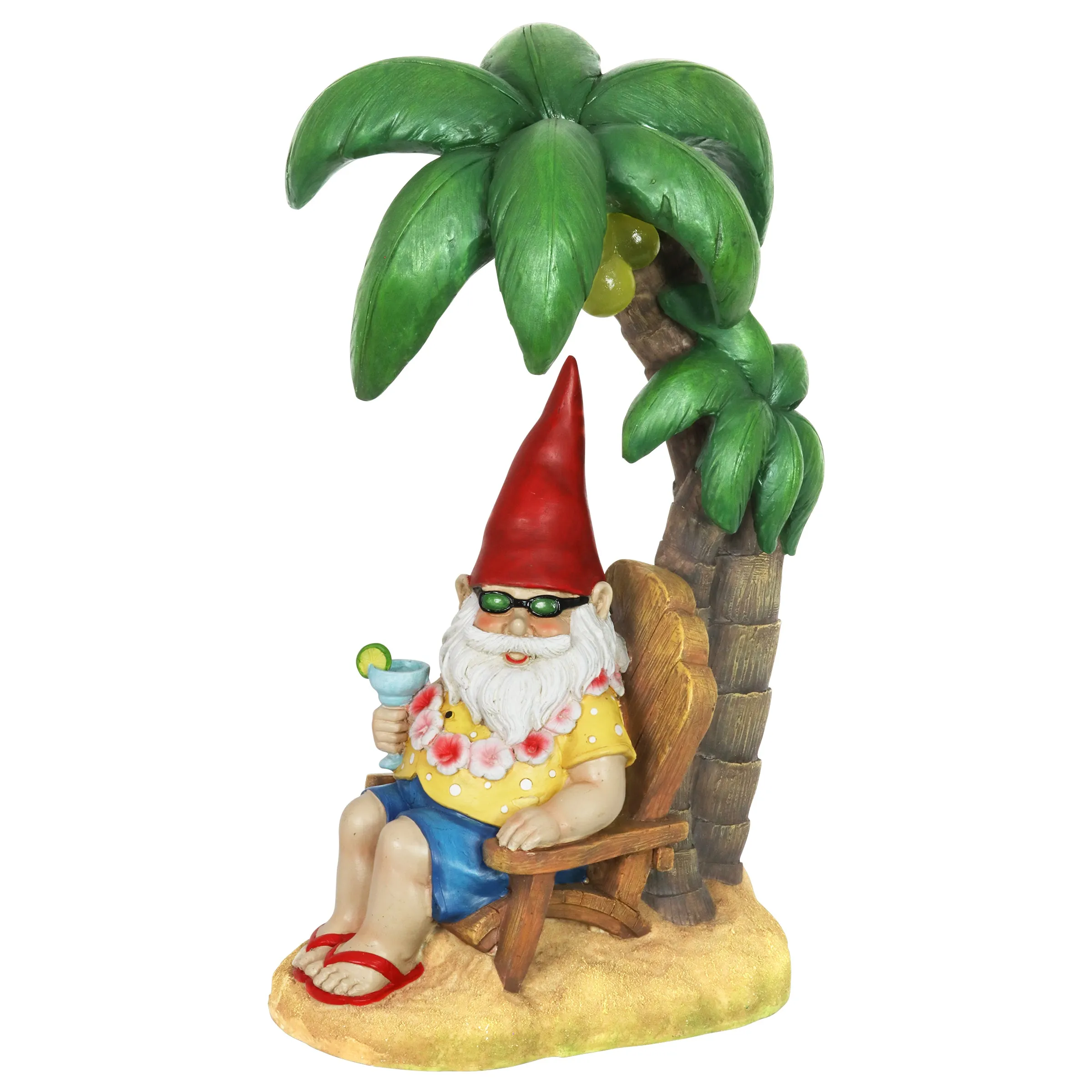 Good Time Solar Tropical Tony Beach Gnome Under a Palm Tree Garden Statue, 16 Inch