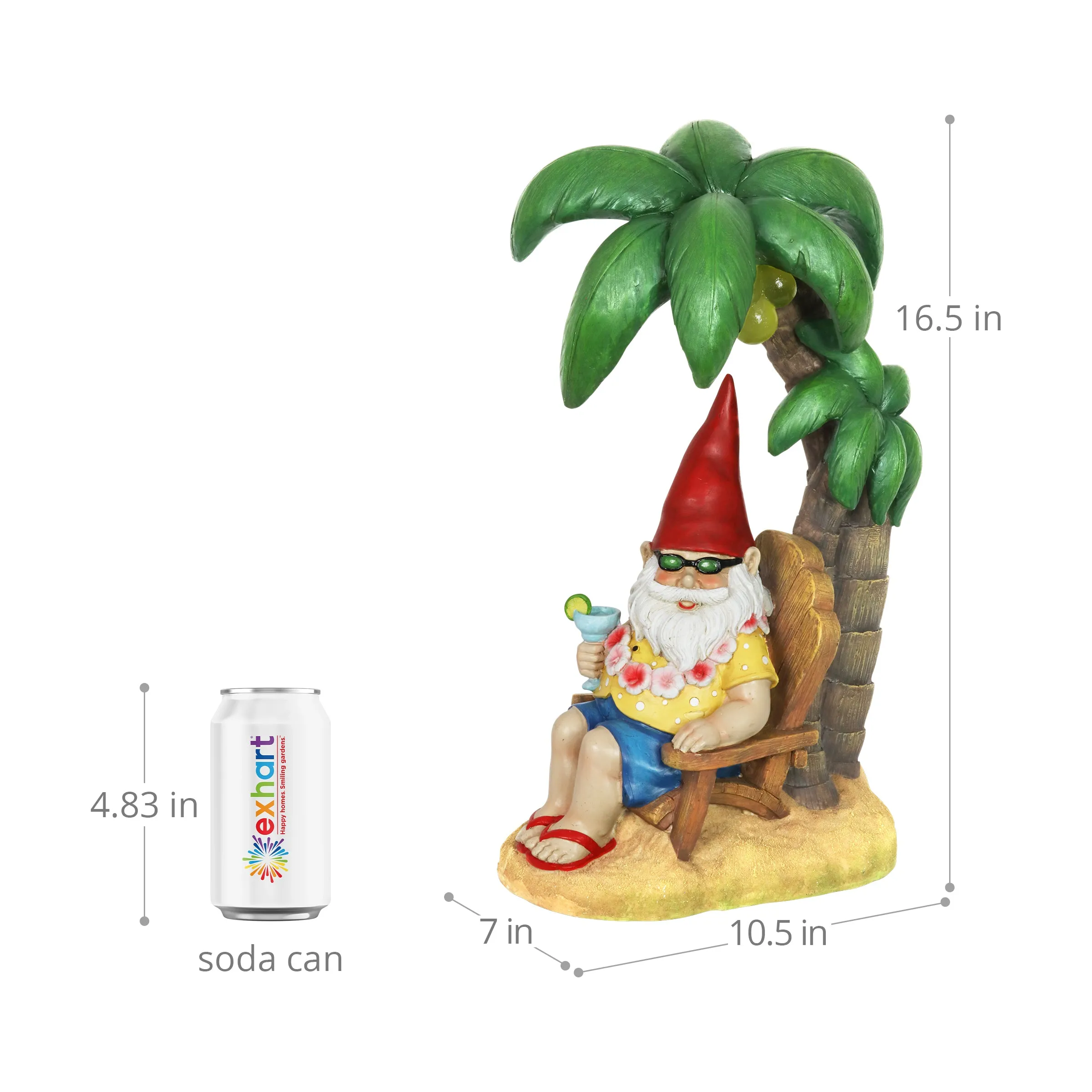 Good Time Solar Tropical Tony Beach Gnome Under a Palm Tree Garden Statue, 16 Inch
