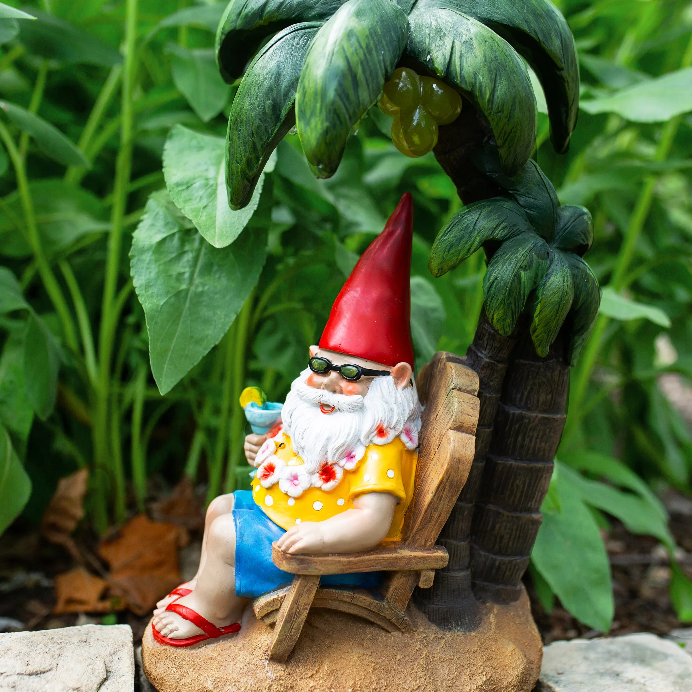 Good Time Solar Tropical Tony Beach Gnome Under a Palm Tree Garden Statue, 16 Inch