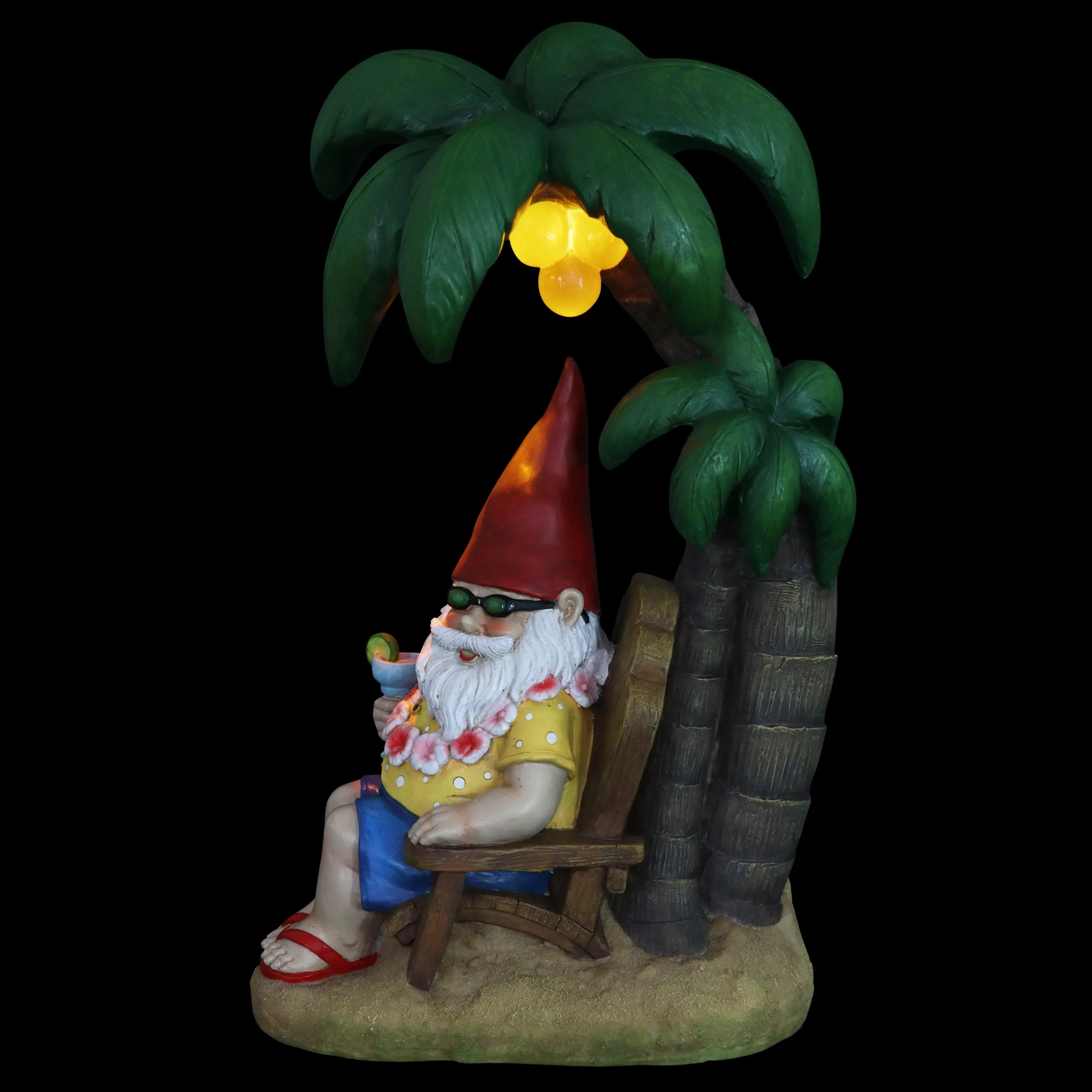 Good Time Solar Tropical Tony Beach Gnome Under a Palm Tree Garden Statue, 16 Inch