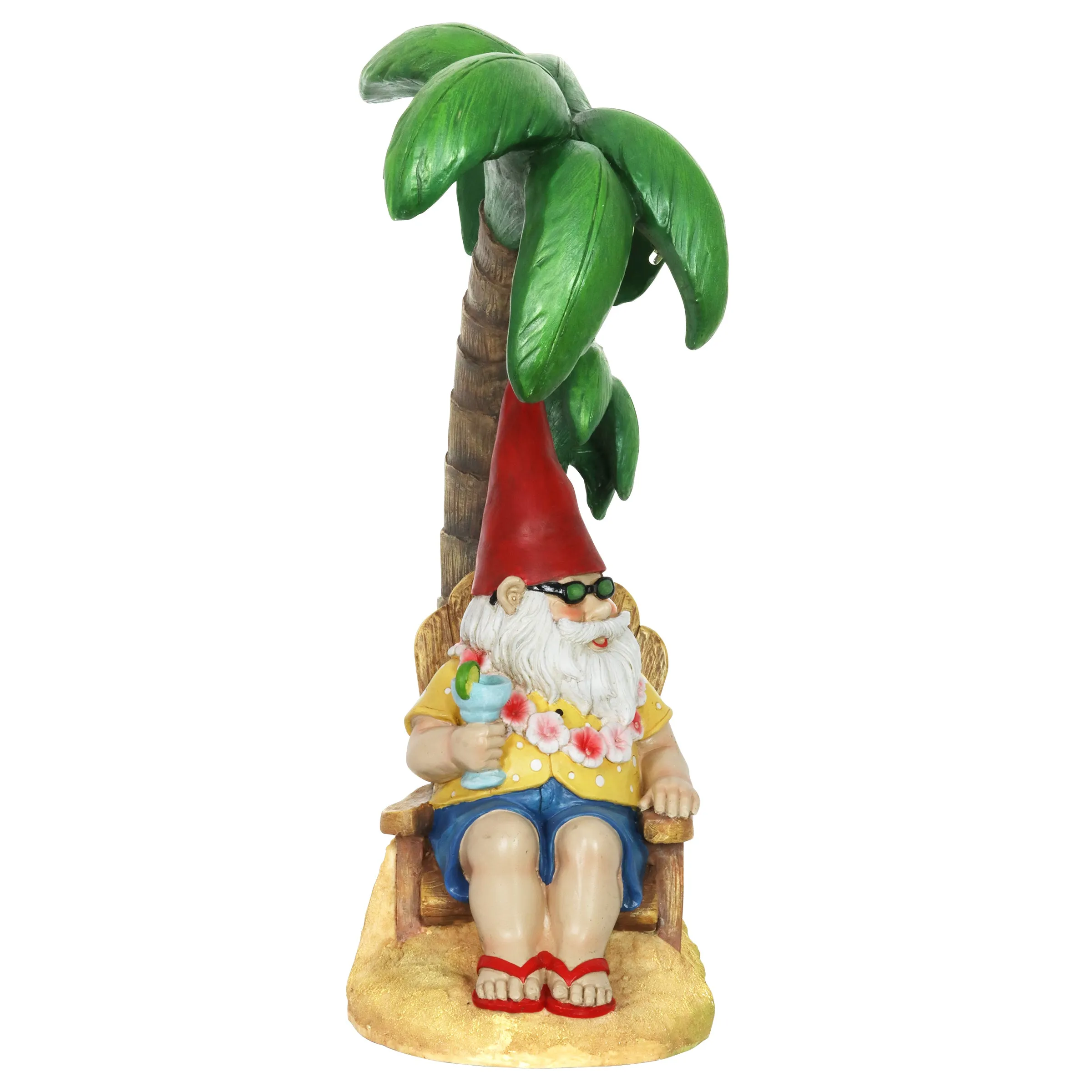 Good Time Solar Tropical Tony Beach Gnome Under a Palm Tree Garden Statue, 16 Inch