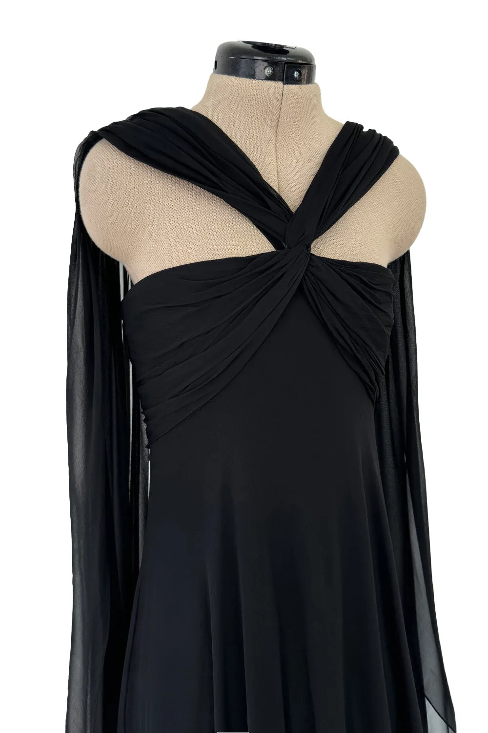 Gorgeous Spring 1989 Bill Blass Runway Black Silk Halter Chiffon w Trailing Shoulder Panels