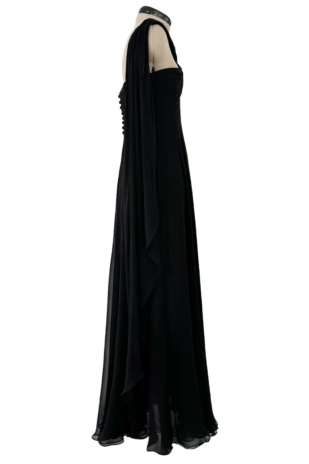 Gorgeous Spring 1989 Bill Blass Runway Black Silk Halter Chiffon w Trailing Shoulder Panels