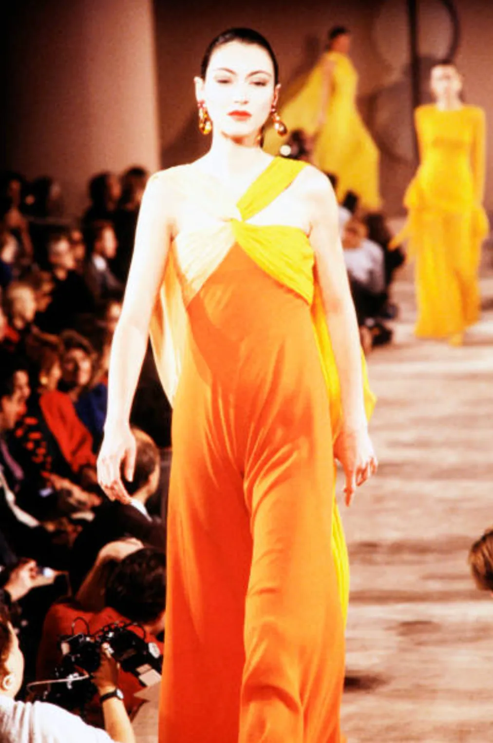 Gorgeous Spring 1989 Bill Blass Runway Black Silk Halter Chiffon w Trailing Shoulder Panels