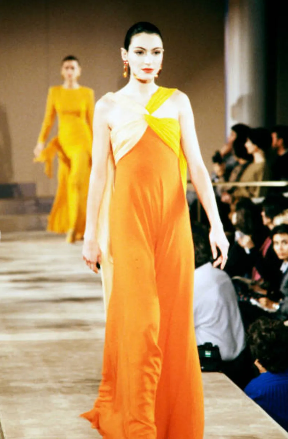 Gorgeous Spring 1989 Bill Blass Runway Black Silk Halter Chiffon w Trailing Shoulder Panels