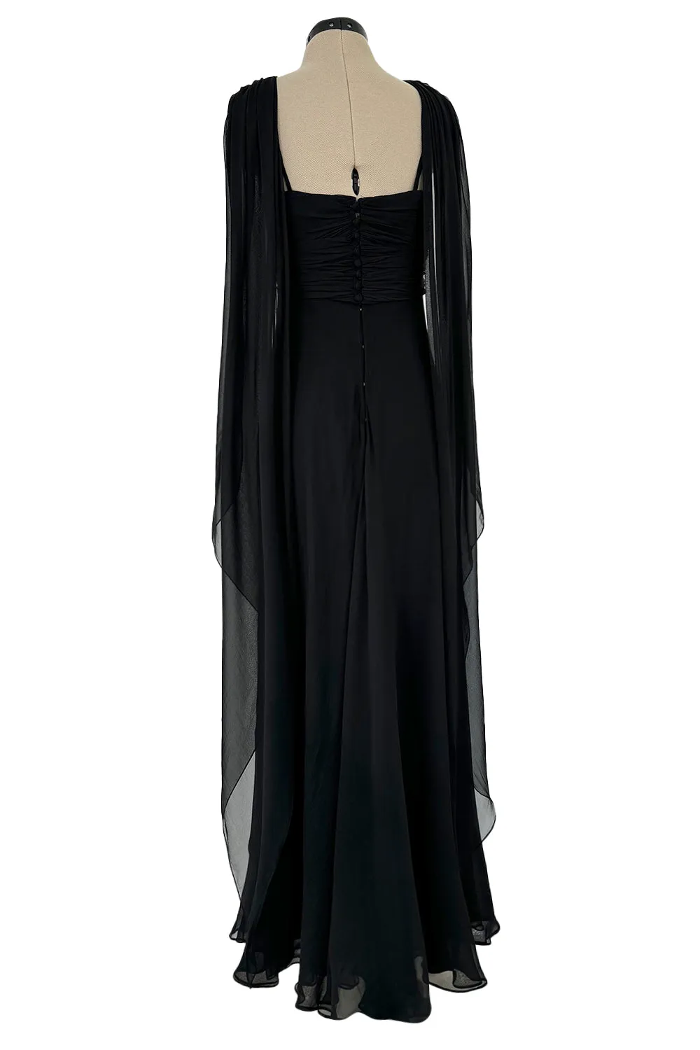 Gorgeous Spring 1989 Bill Blass Runway Black Silk Halter Chiffon w Trailing Shoulder Panels