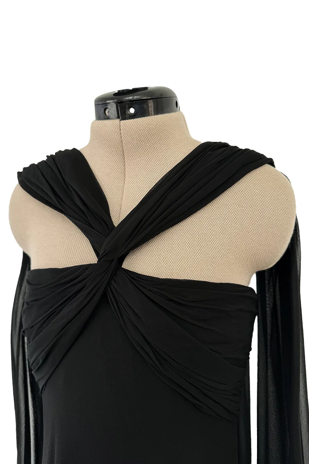 Gorgeous Spring 1989 Bill Blass Runway Black Silk Halter Chiffon w Trailing Shoulder Panels