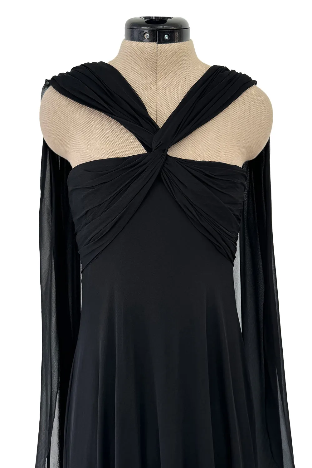 Gorgeous Spring 1989 Bill Blass Runway Black Silk Halter Chiffon w Trailing Shoulder Panels