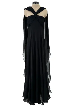 Gorgeous Spring 1989 Bill Blass Runway Black Silk Halter Chiffon w Trailing Shoulder Panels