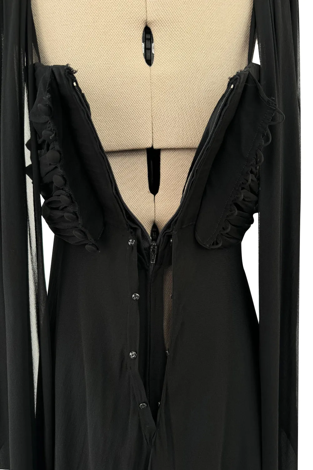 Gorgeous Spring 1989 Bill Blass Runway Black Silk Halter Chiffon w Trailing Shoulder Panels