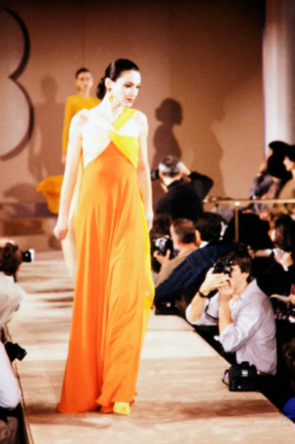 Gorgeous Spring 1989 Bill Blass Runway Black Silk Halter Chiffon w Trailing Shoulder Panels