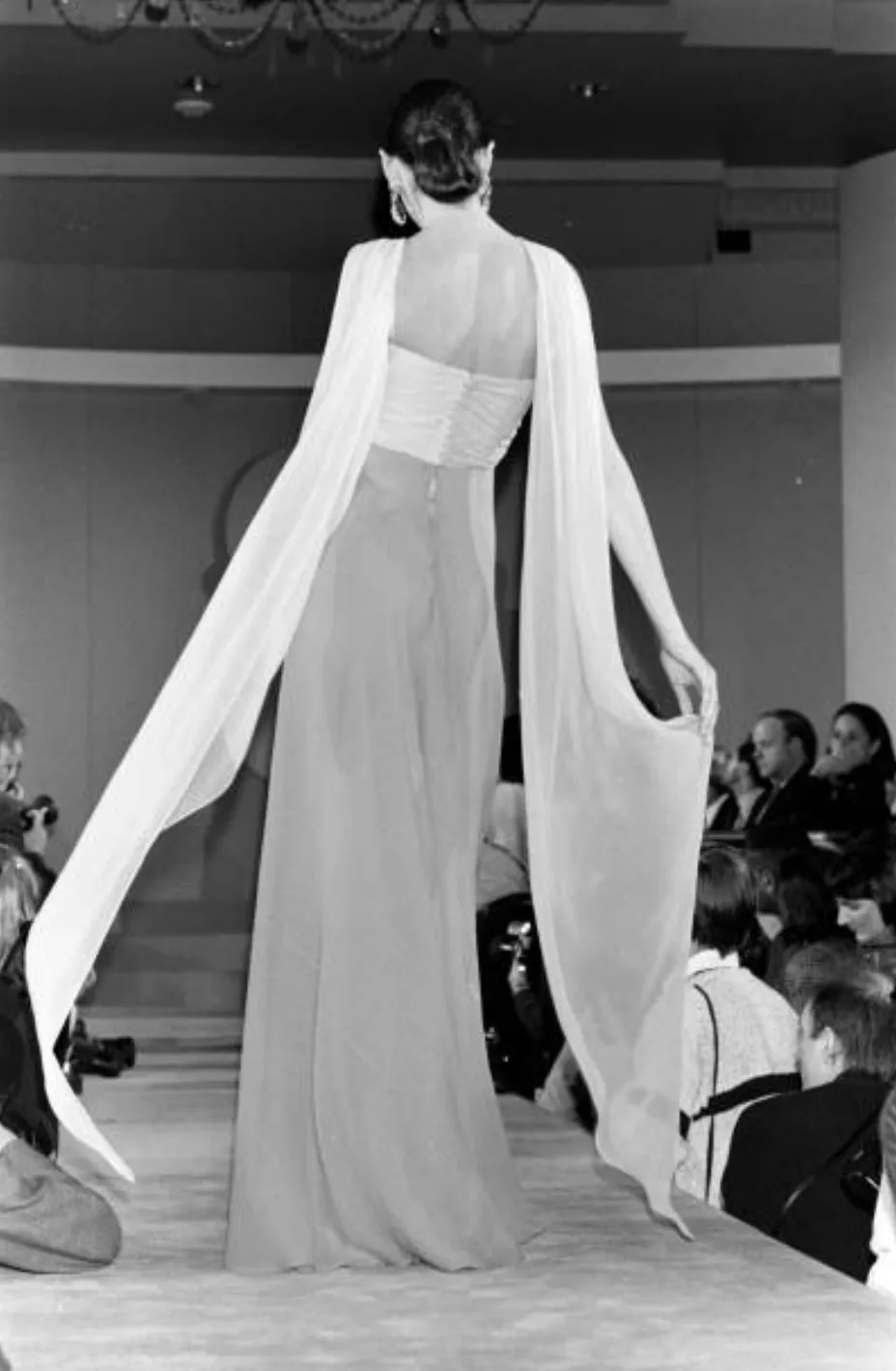 Gorgeous Spring 1989 Bill Blass Runway Black Silk Halter Chiffon w Trailing Shoulder Panels