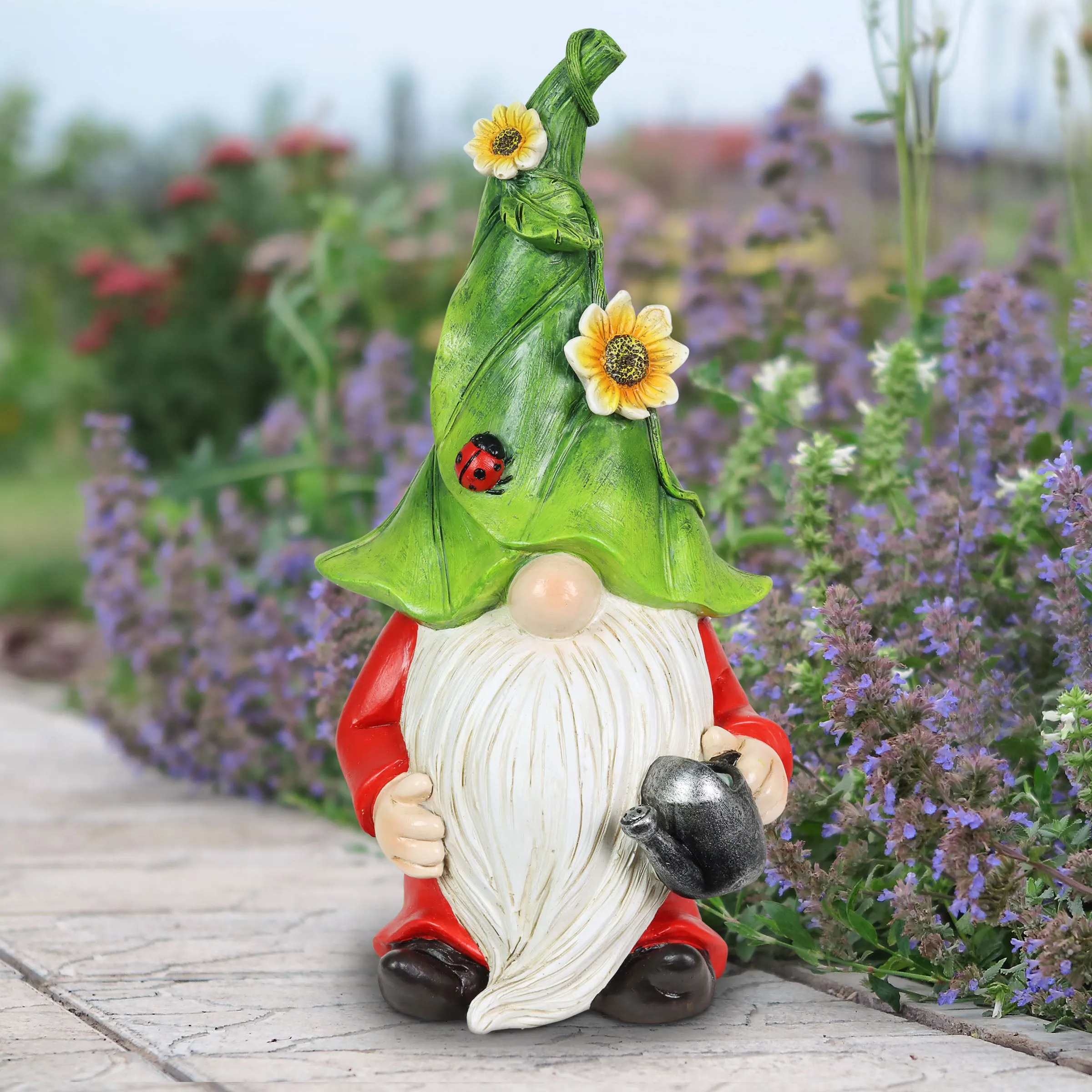 Hand Painted Leaf Hat Garden Gnome Statuary with a Watering Can, 5.5 by 10 Inches