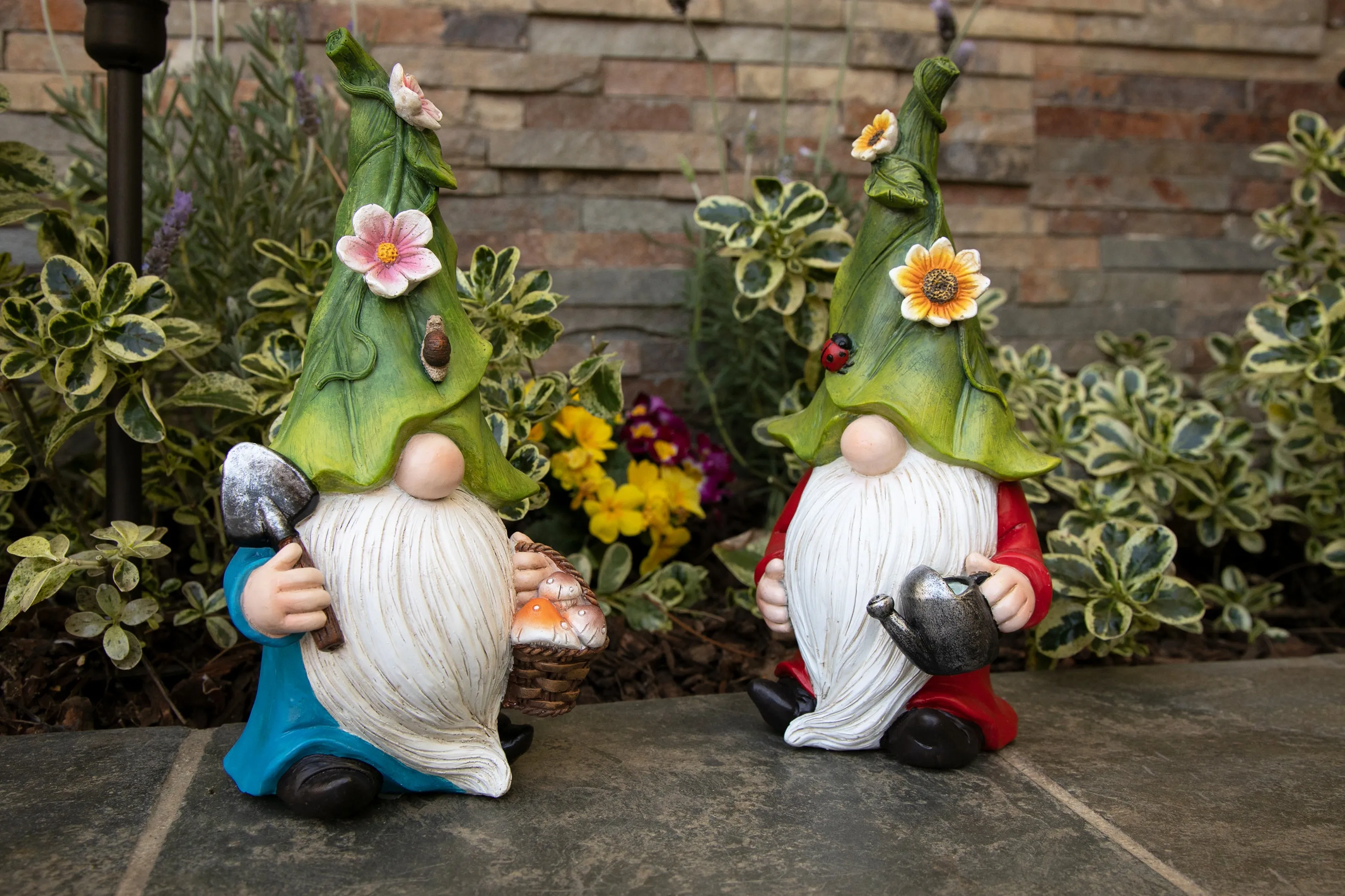 Hand Painted Leaf Hat Garden Gnome Statuary with a Watering Can, 5.5 by 10 Inches
