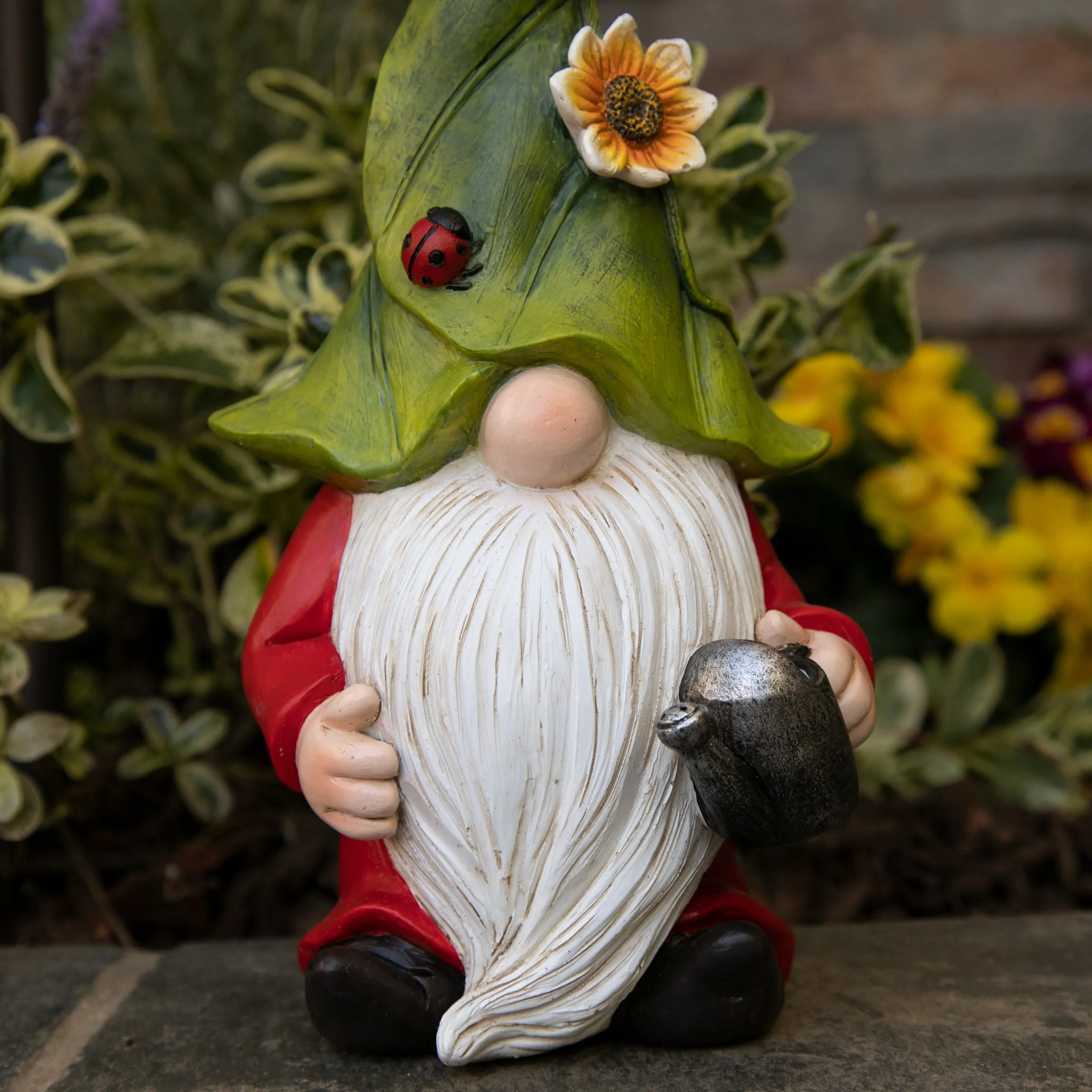 Hand Painted Leaf Hat Garden Gnome Statuary with a Watering Can, 5.5 by 10 Inches