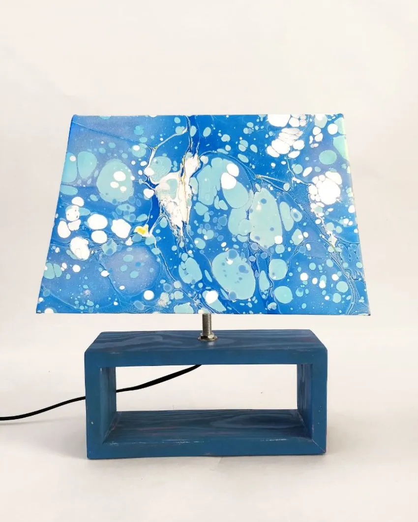 Hand Painted Water Color Marbling Wooden Table Lamp. | Blue