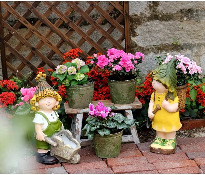 Large Boy Cart and Girl Carry Basket Statues, Flower Pot, Garden Courtyard Ornament, Gardening Ideas, House Warming Gift
