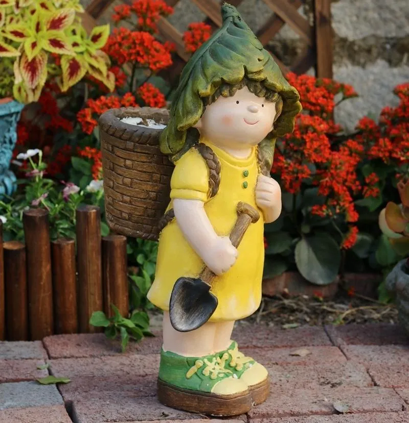 Large Boy Cart and Girl Carry Basket Statues, Flower Pot, Garden Courtyard Ornament, Gardening Ideas, House Warming Gift