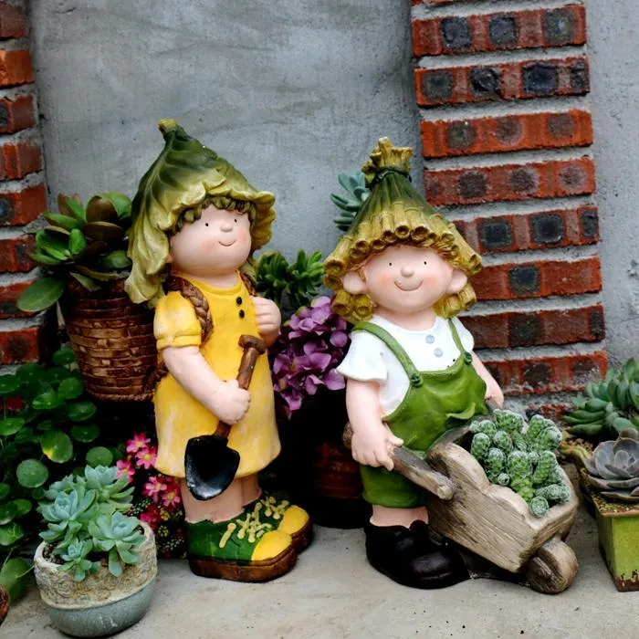 Large Boy Cart and Girl Carry Basket Statues, Flower Pot, Garden Courtyard Ornament, Gardening Ideas, House Warming Gift