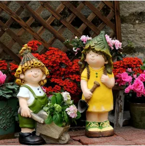 Large Boy Cart and Girl Carry Basket Statues, Flower Pot, Garden Courtyard Ornament, Gardening Ideas, House Warming Gift