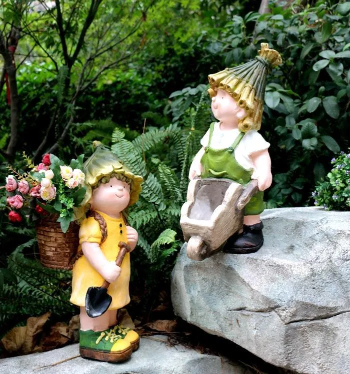 Large Boy Cart and Girl Carry Basket Statues, Flower Pot, Garden Courtyard Ornament, Gardening Ideas, House Warming Gift