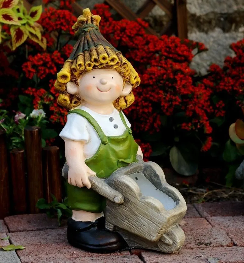 Large Boy Cart and Girl Carry Basket Statues, Flower Pot, Garden Courtyard Ornament, Gardening Ideas, House Warming Gift