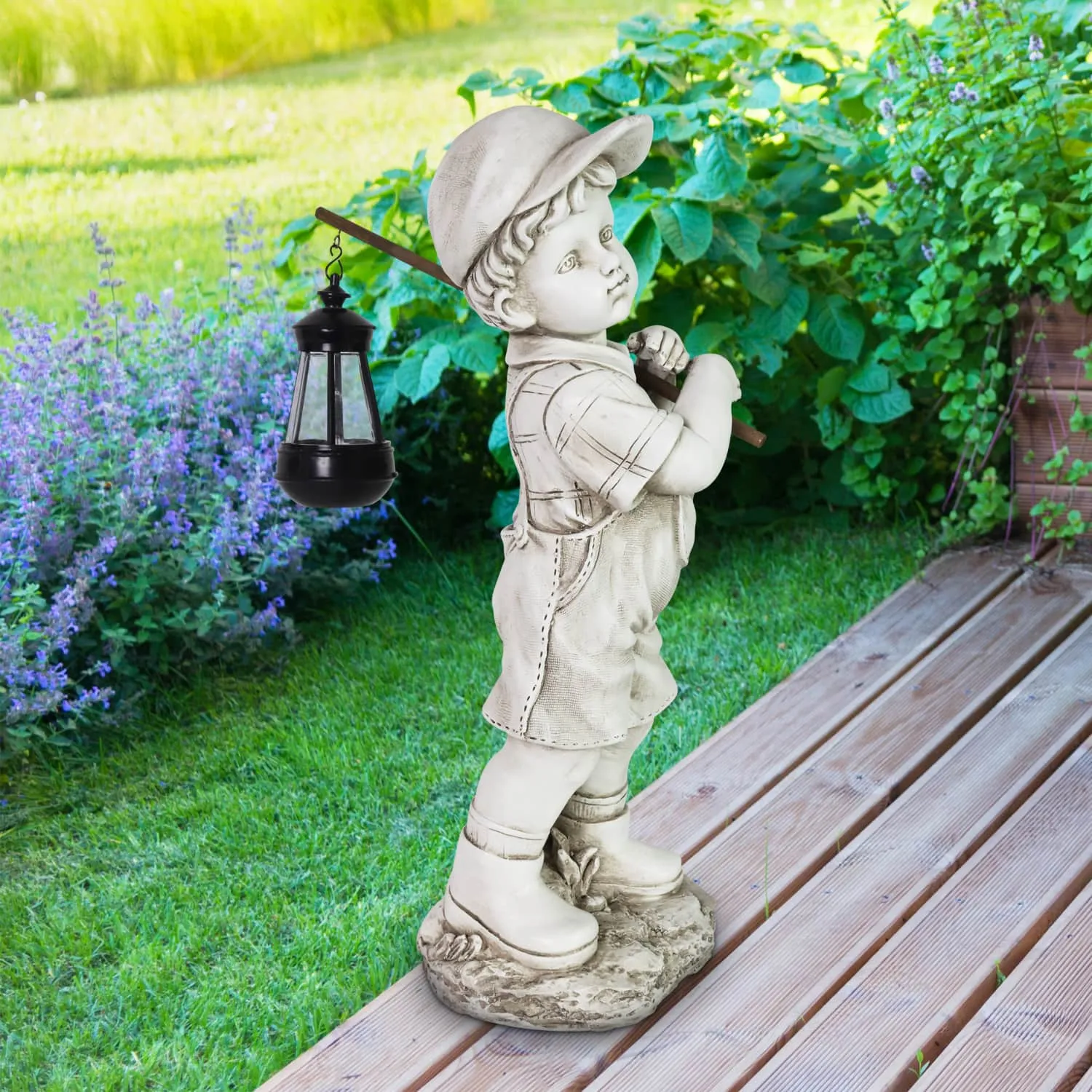 Little Boy Garden Statue with Solar Lantern, 17 Inches