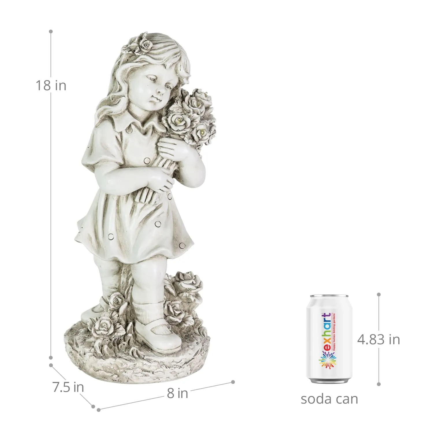 Little Girl Resin Garden Statue with Solar Flower Bouquet, 18 Inches
