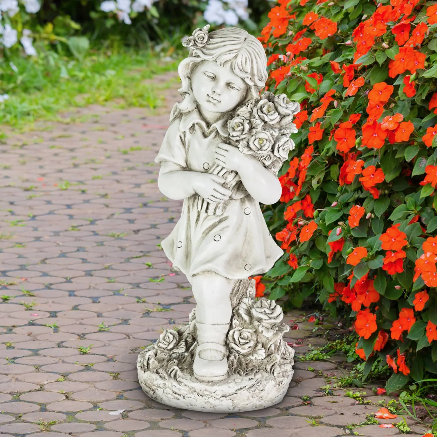 Little Girl Resin Garden Statue with Solar Flower Bouquet, 18 Inches