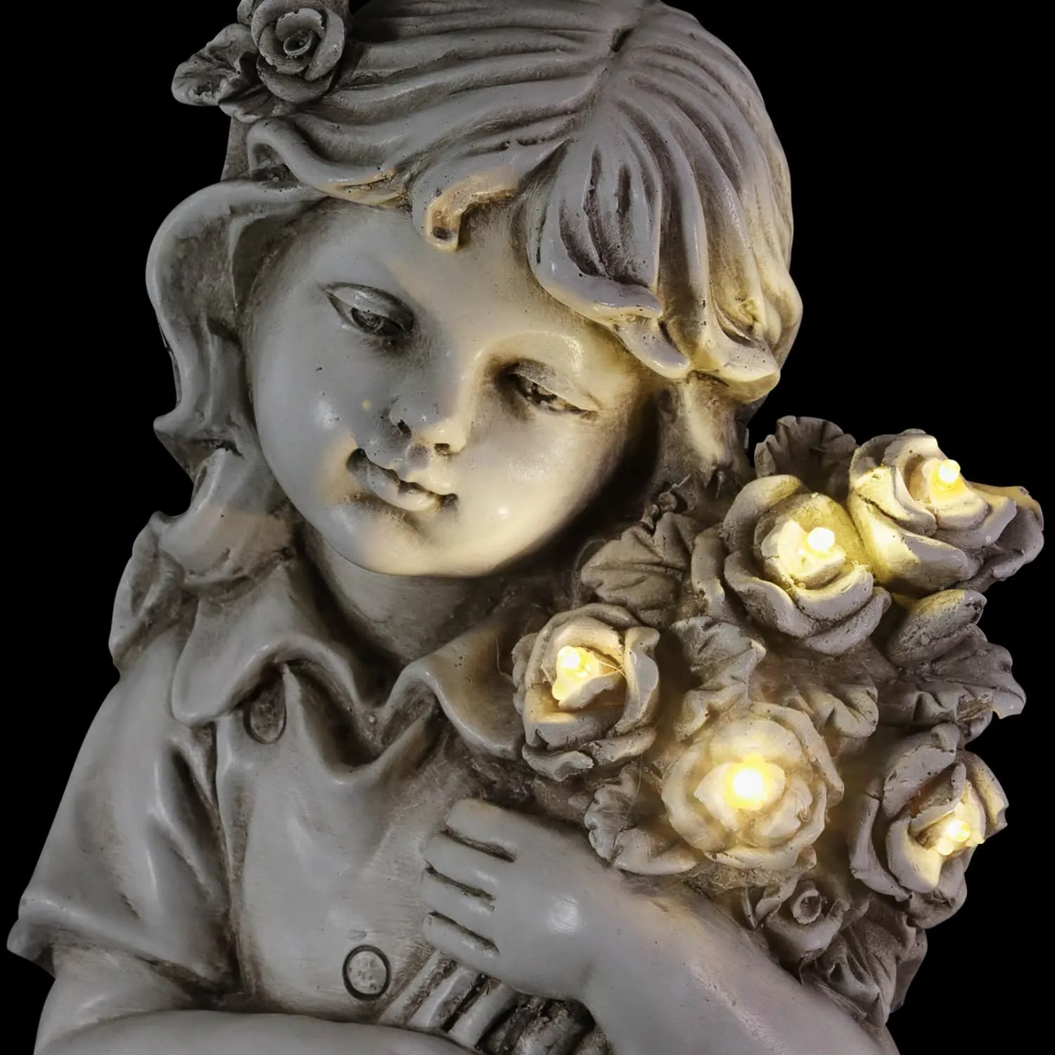 Little Girl Resin Garden Statue with Solar Flower Bouquet, 18 Inches