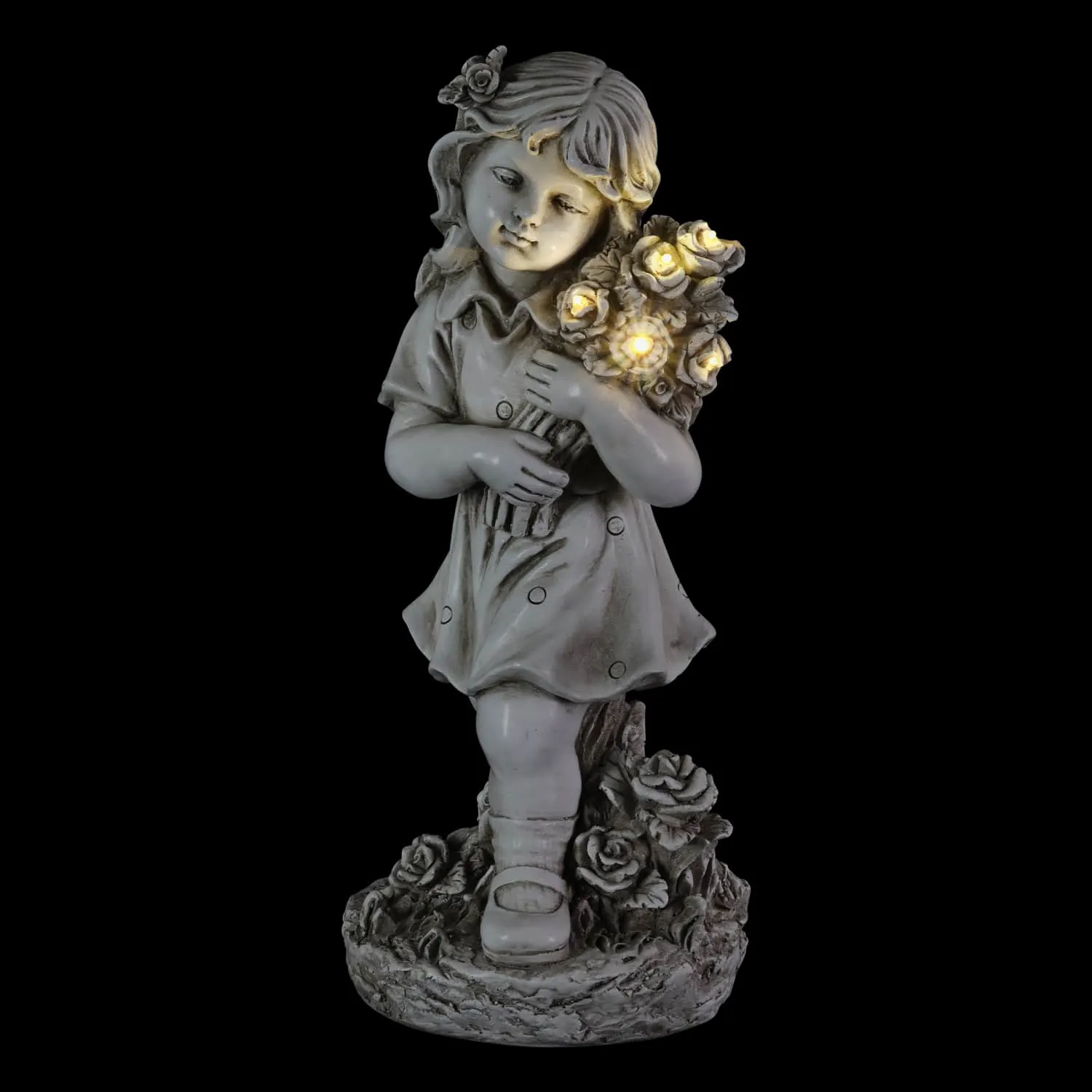 Little Girl Resin Garden Statue with Solar Flower Bouquet, 18 Inches