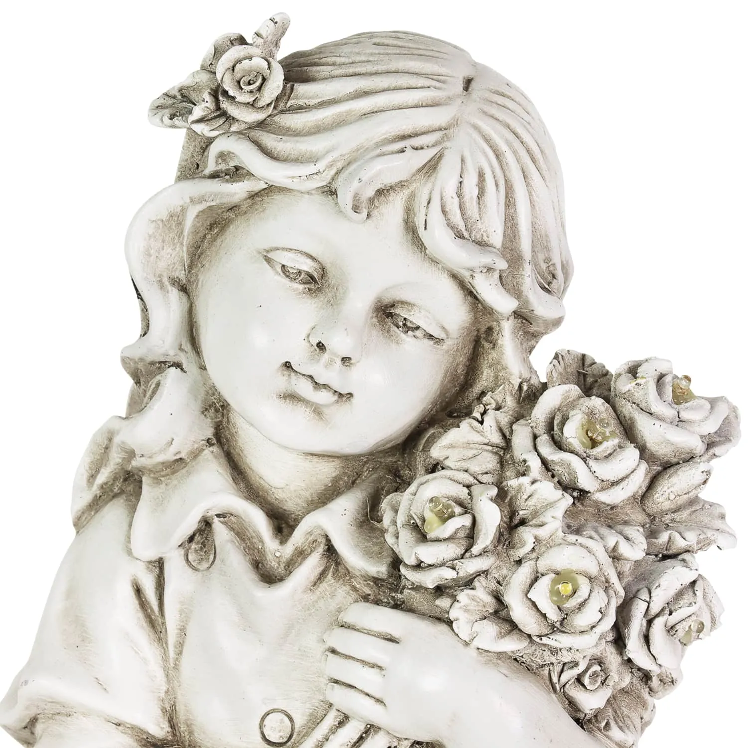 Little Girl Resin Garden Statue with Solar Flower Bouquet, 18 Inches