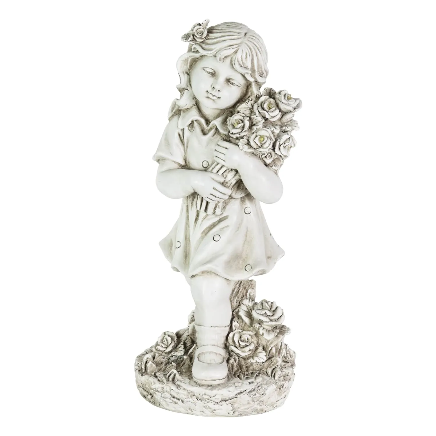 Little Girl Resin Garden Statue with Solar Flower Bouquet, 18 Inches