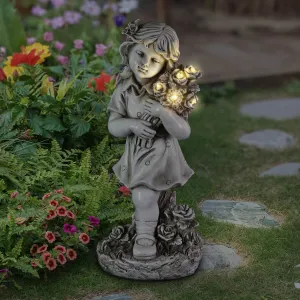 Little Girl Resin Garden Statue with Solar Flower Bouquet, 18 Inches