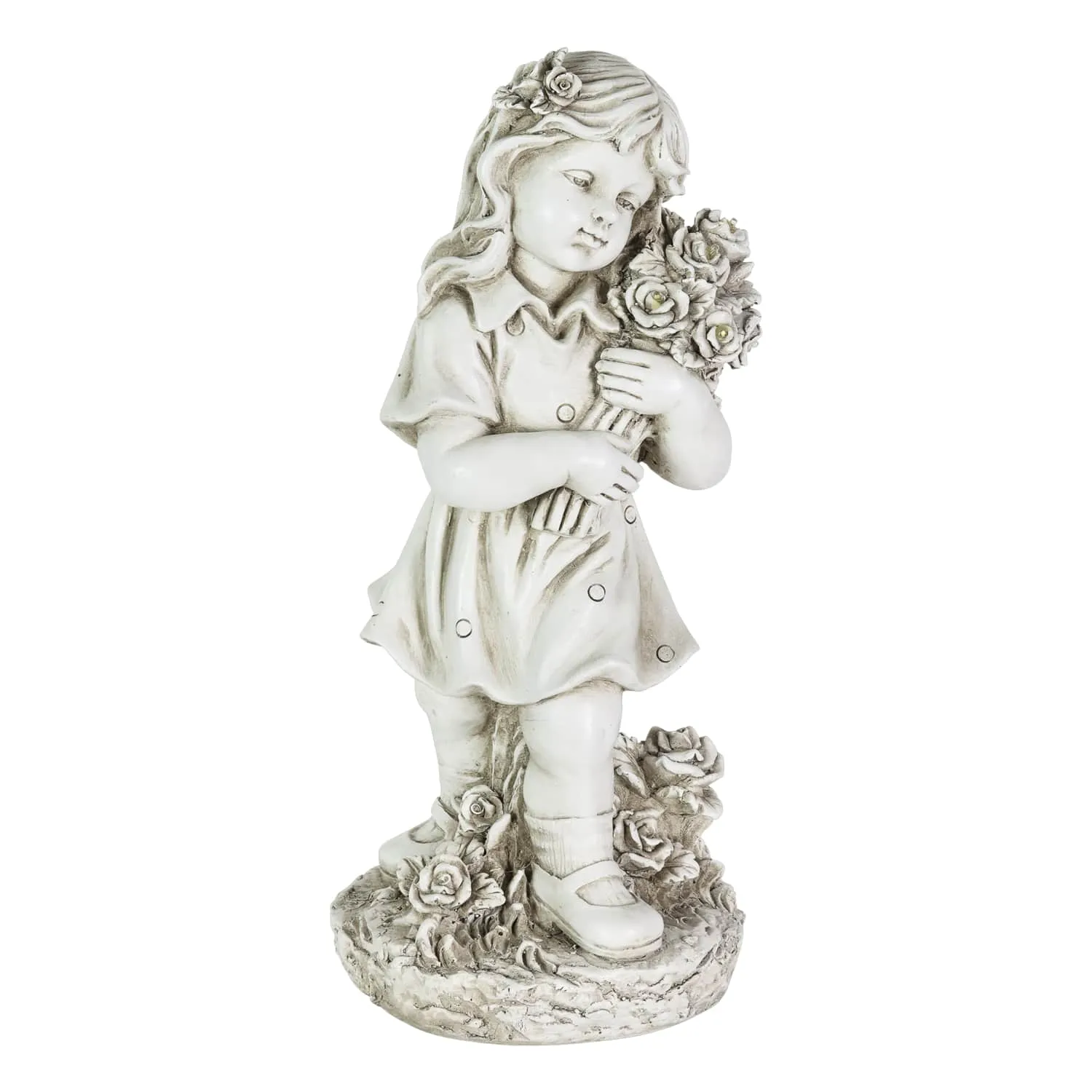 Little Girl Resin Garden Statue with Solar Flower Bouquet, 18 Inches