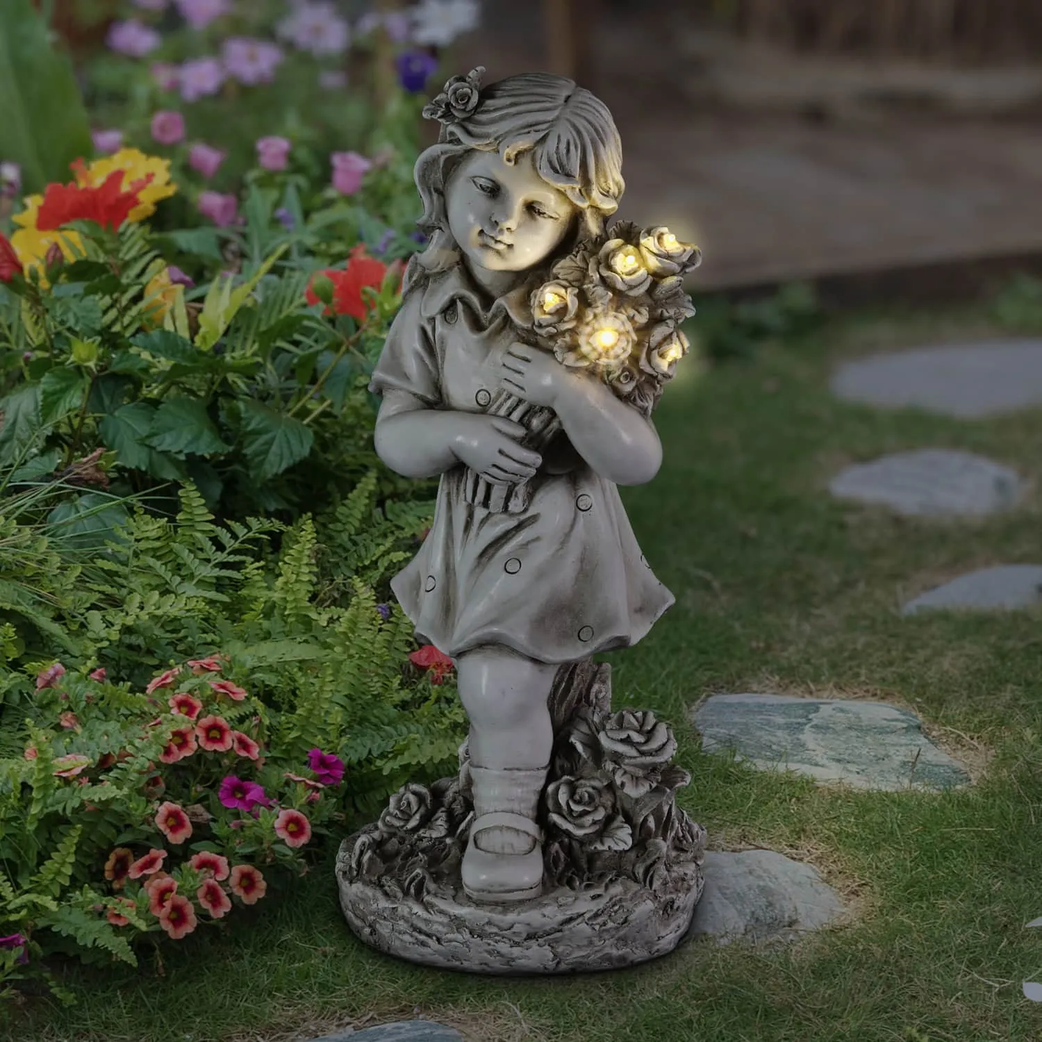 Little Girl Resin Garden Statue with Solar Flower Bouquet, 18 Inches