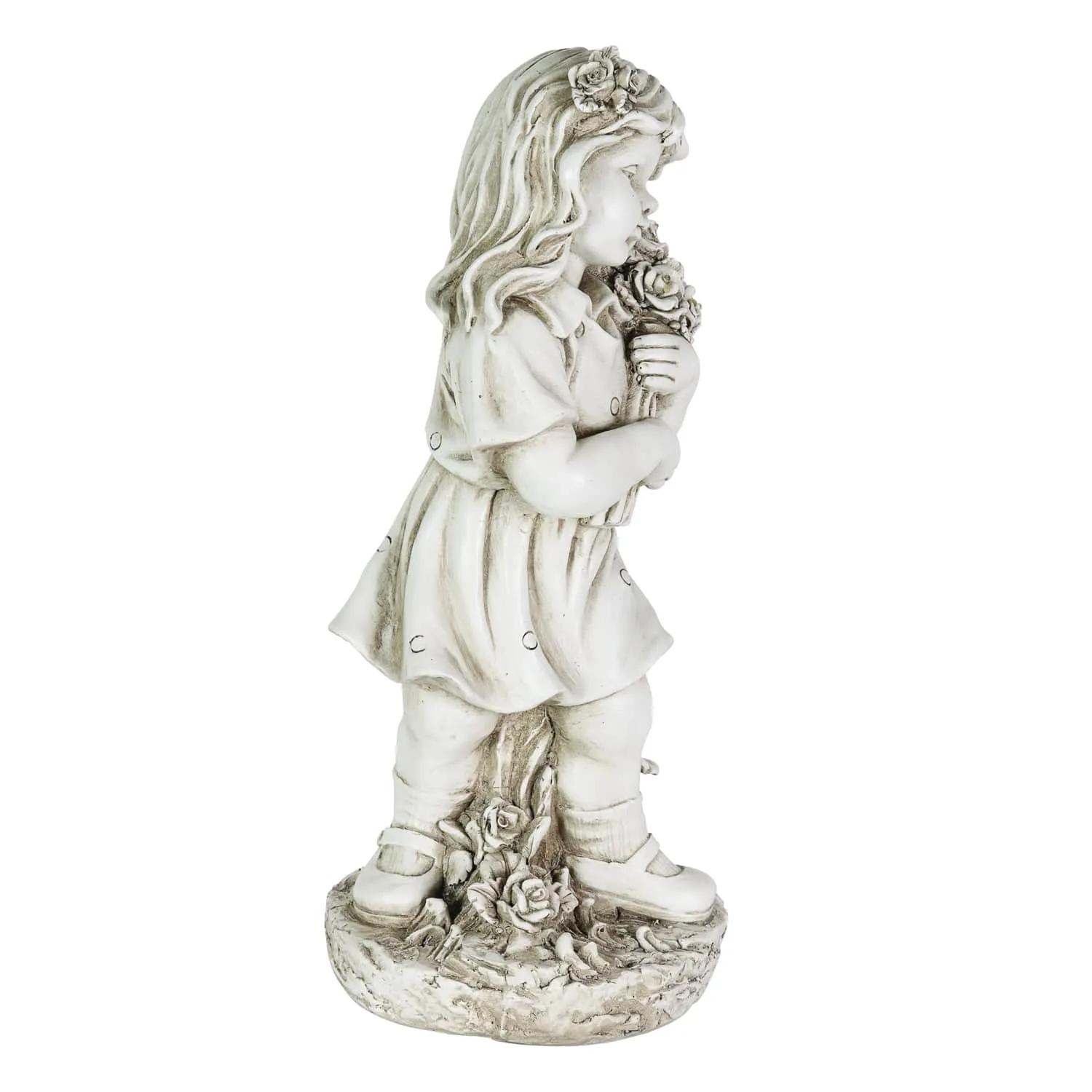 Little Girl Resin Garden Statue with Solar Flower Bouquet, 18 Inches
