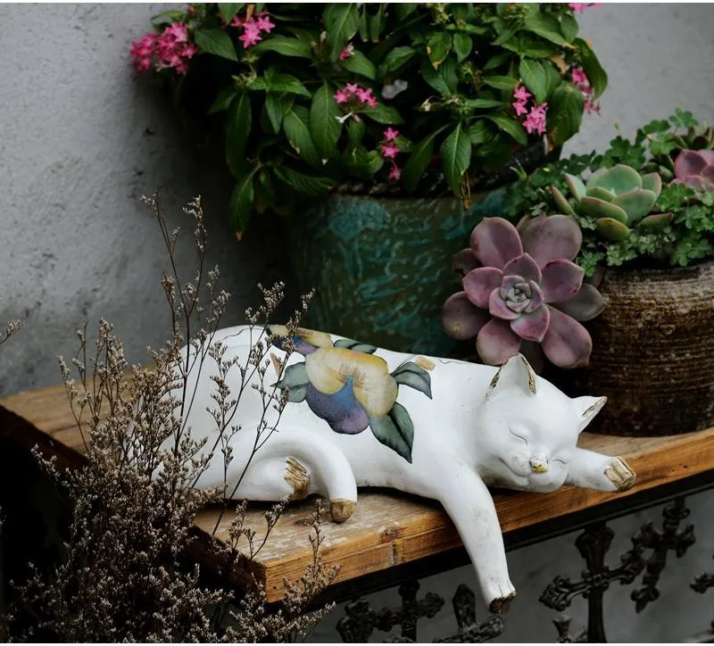 Lovely Cat Statue for Garden Ornament, Sleeping Cats Resin Statues, Garden Courtyard Decoration, Villa Outdoor Decor Gardening Ideas, House Warming Gift