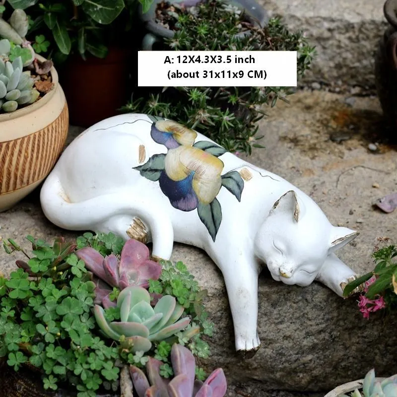 Lovely Cat Statue for Garden Ornament, Sleeping Cats Resin Statues, Garden Courtyard Decoration, Villa Outdoor Decor Gardening Ideas, House Warming Gift