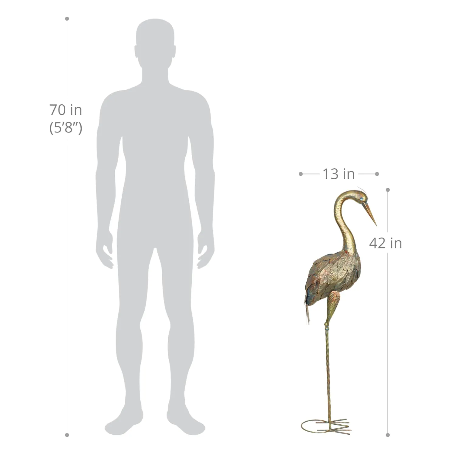 Metal Heron Garden Statue with Bronze Patina Finish, 42 Inch