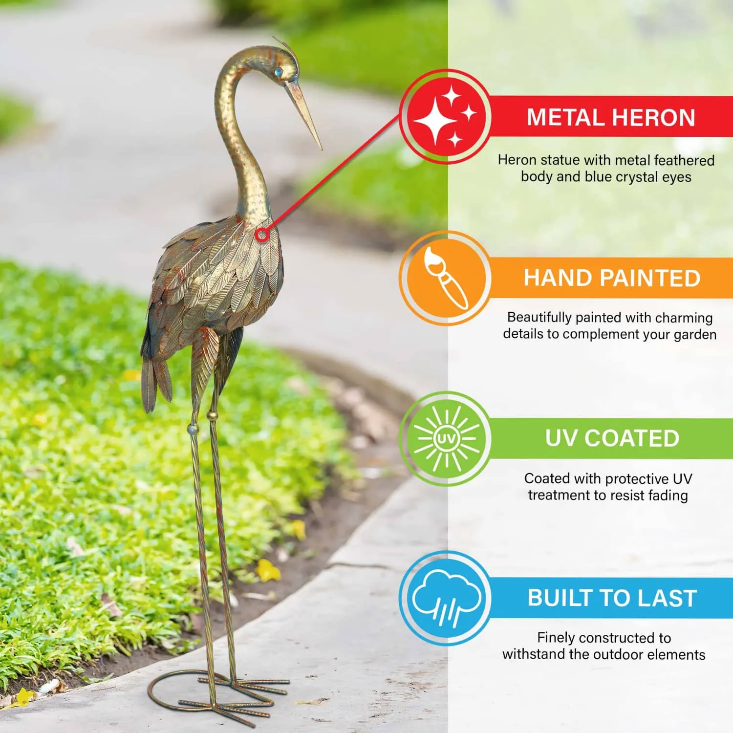 Metal Heron Garden Statue with Bronze Patina Finish, 42 Inch