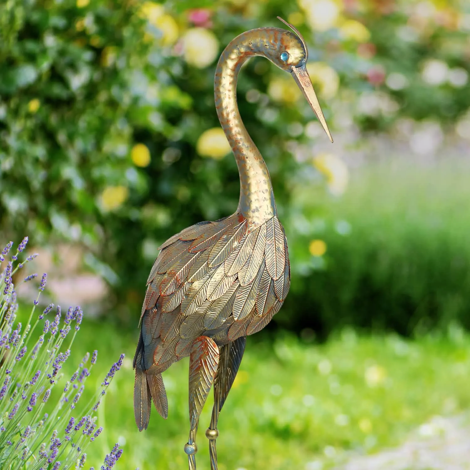Metal Heron Garden Statue with Bronze Patina Finish, 42 Inch