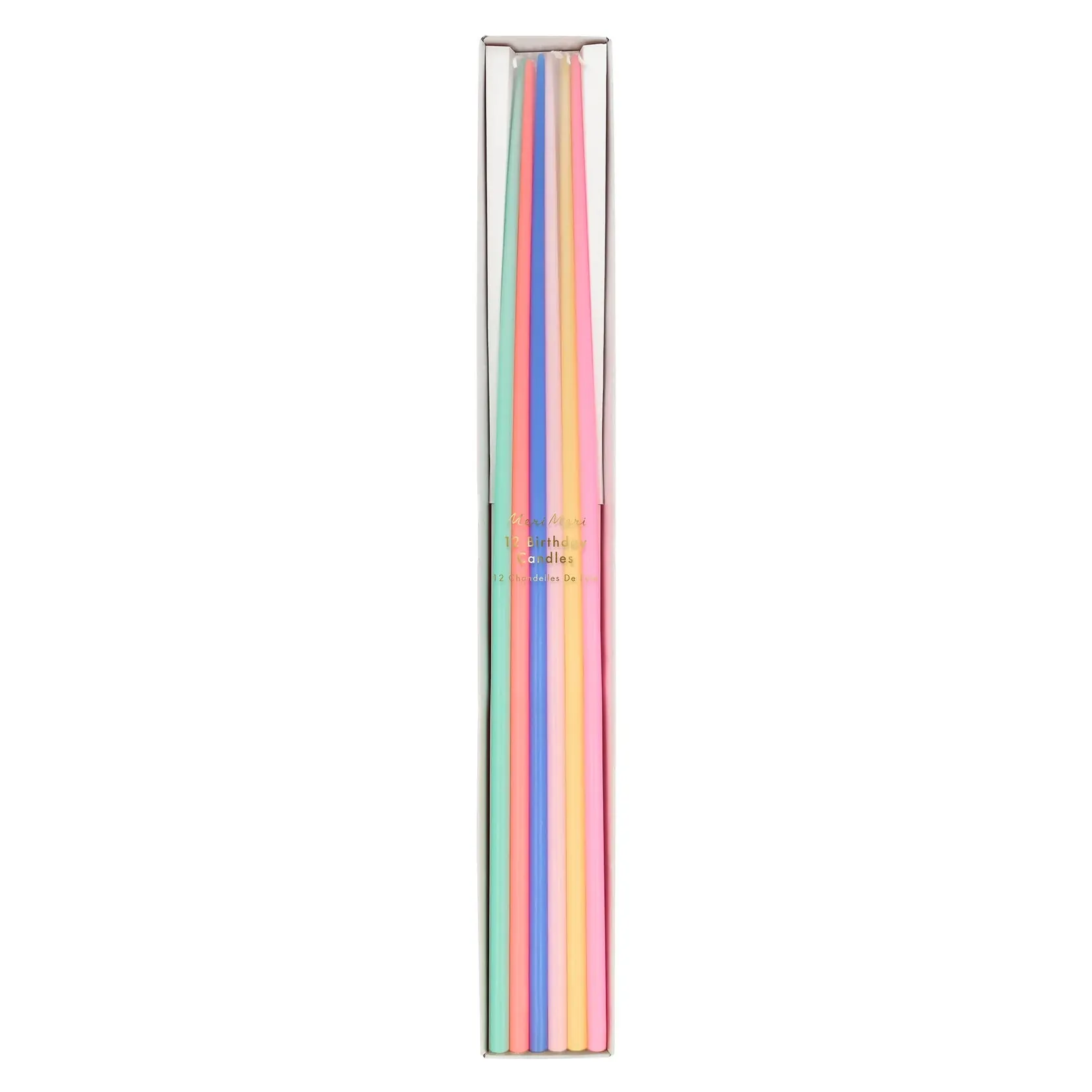Mixed Pastel Tapered Candles, Set of 12 Tall Birthday Candles in Beautiful Pastel Shades by Meri Meri, 15" Tall