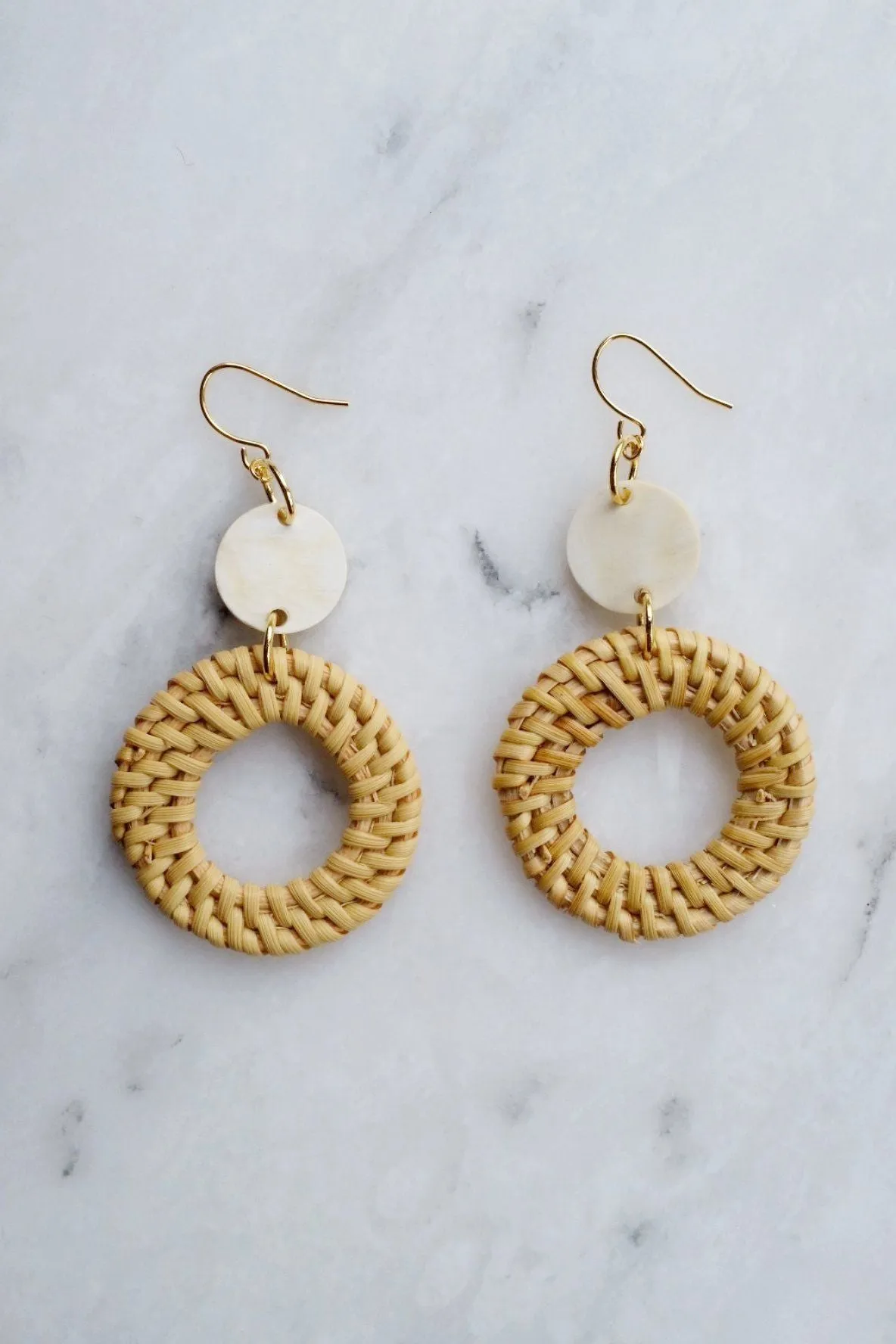 Nam Dinh 16K Gold Plated Natural Rattan (Straw/Wicker) & Buffalo Horns Earrings