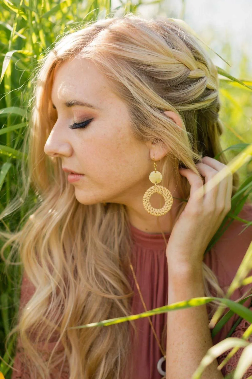 Nam Dinh 16K Gold Plated Natural Rattan (Straw/Wicker) & Buffalo Horns Earrings