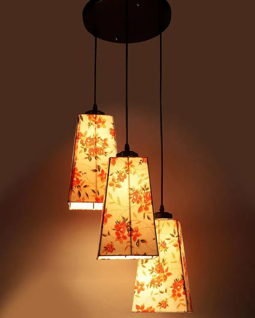 Orange Floral Print Pyramid Cotton Cluster Hanging Lamp
